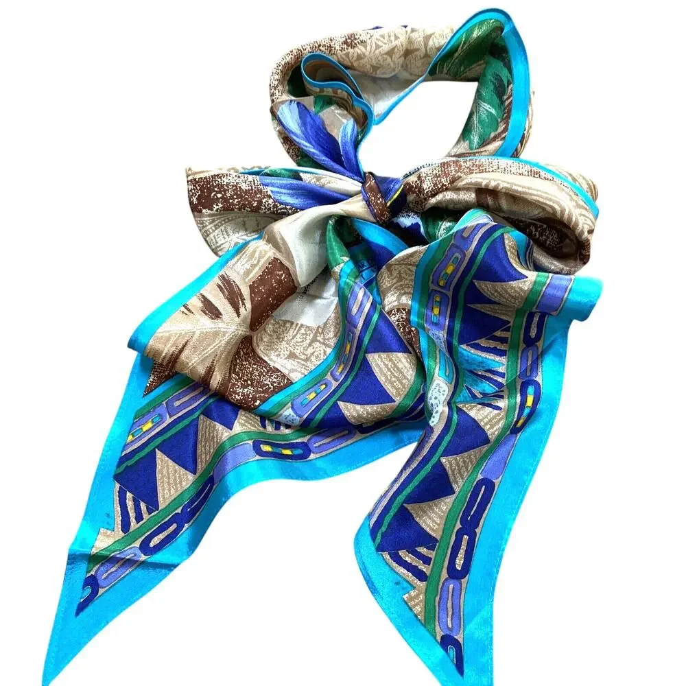 Vintage Oscar De La Renta Silk Scarf Pointy Ends Necktie Jungle Flowers Blue Tan